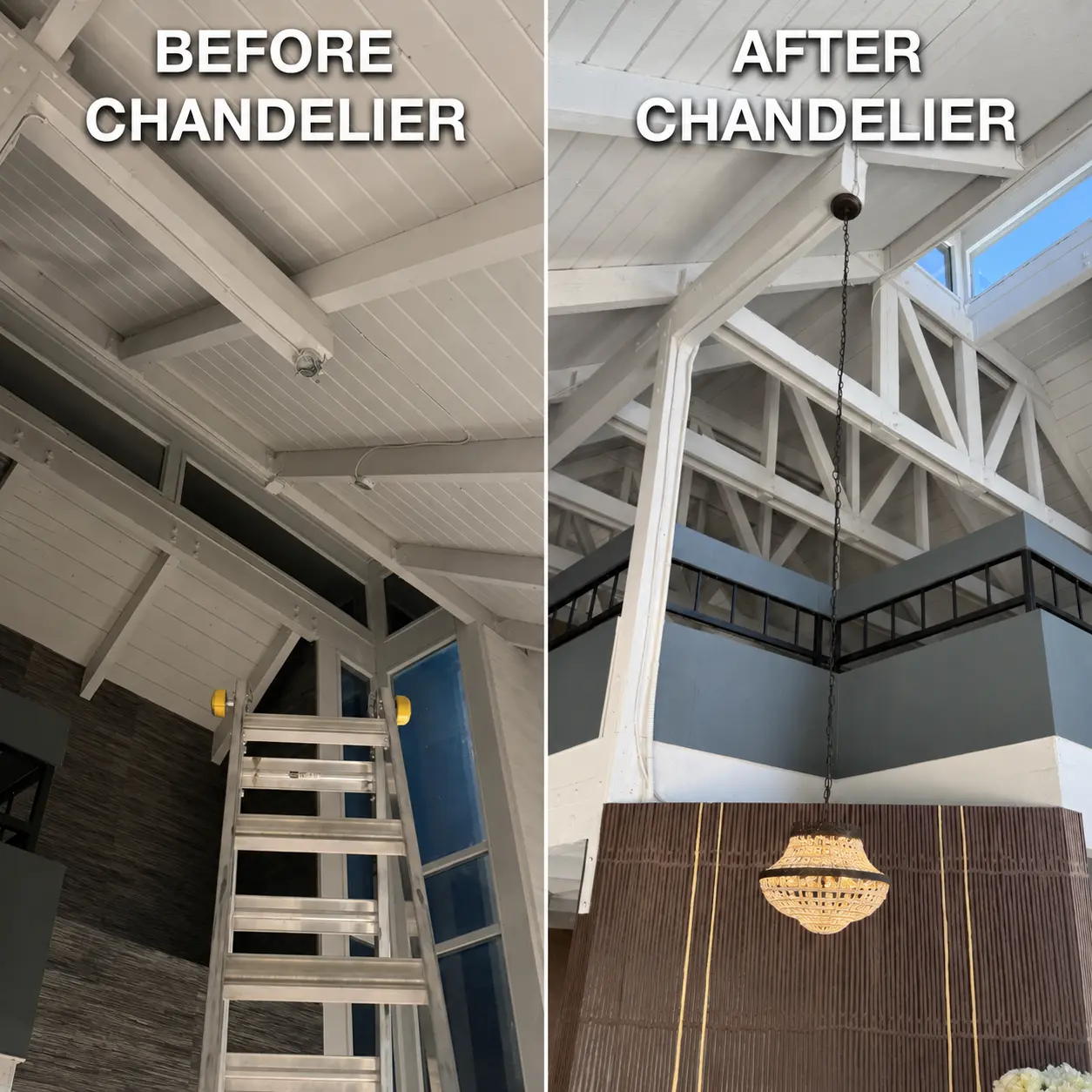 Before and after chandelier installation by G&P Property Solutions LLC
