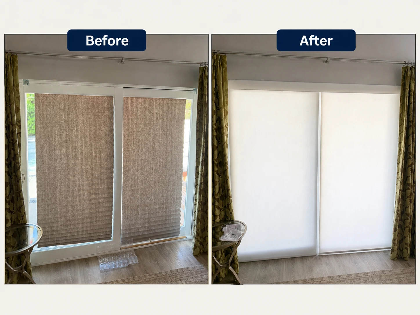 Before and after dual roller shade installation by G&P Property Solutions LLC