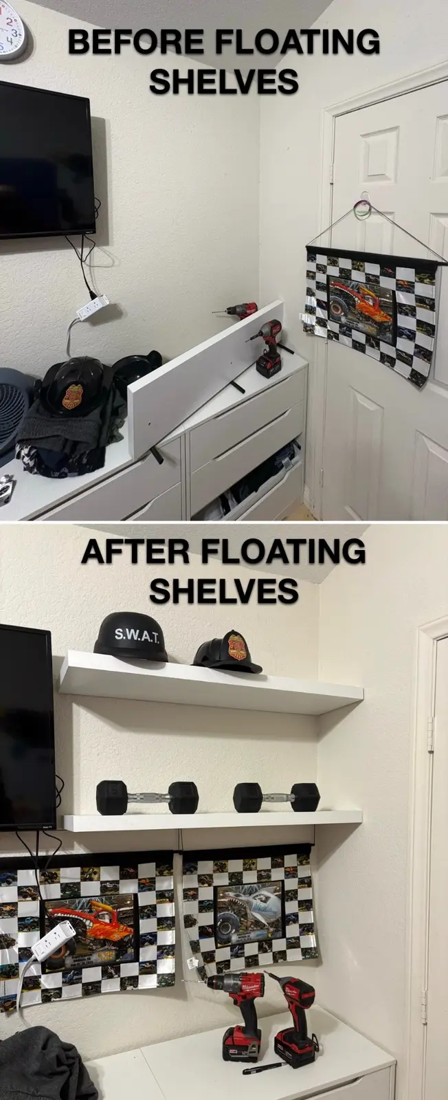 Before and after floating shelf installation by G&P Property Solutions LLC