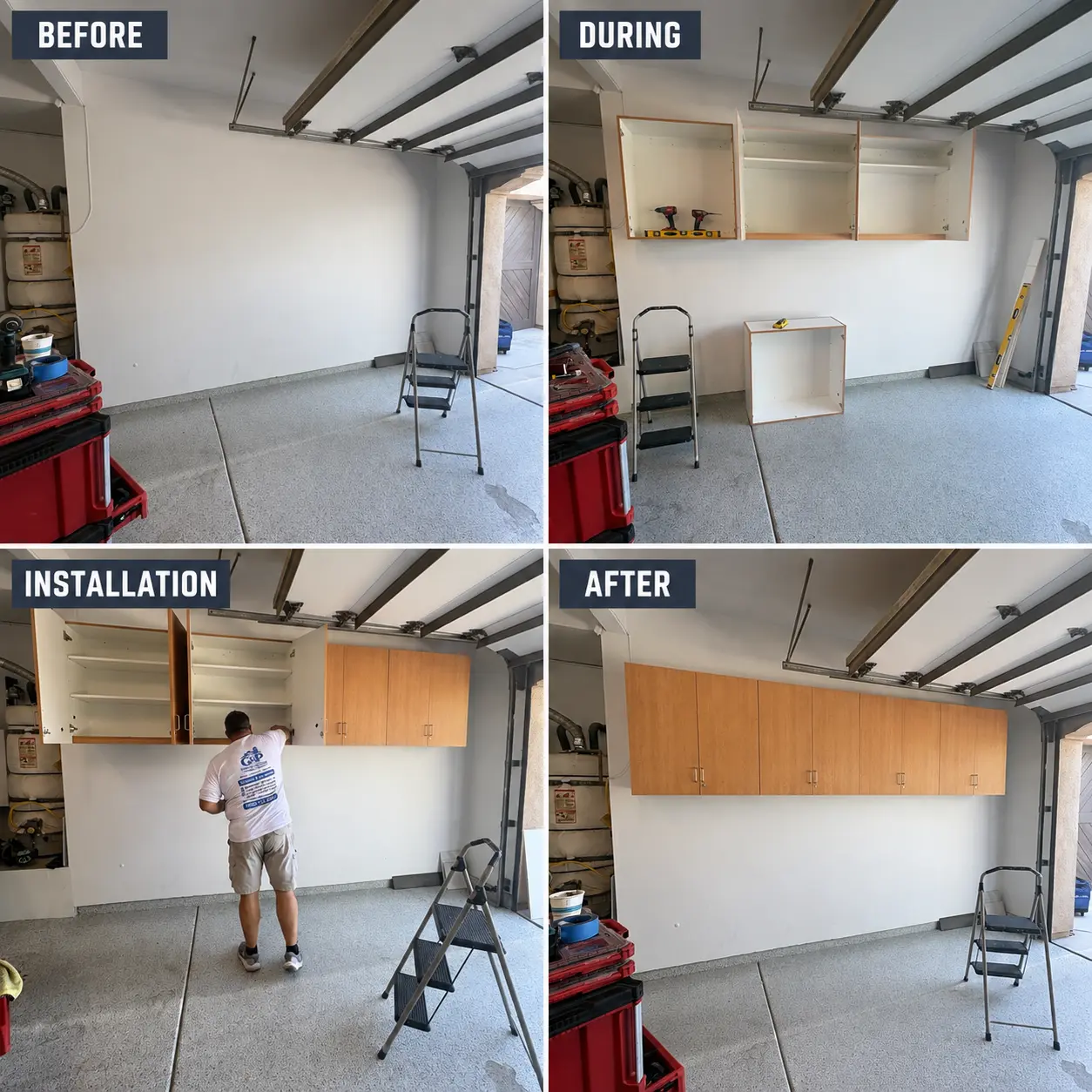 Before, during, and after garage cabinet installation by G&P Property Solutions LLC