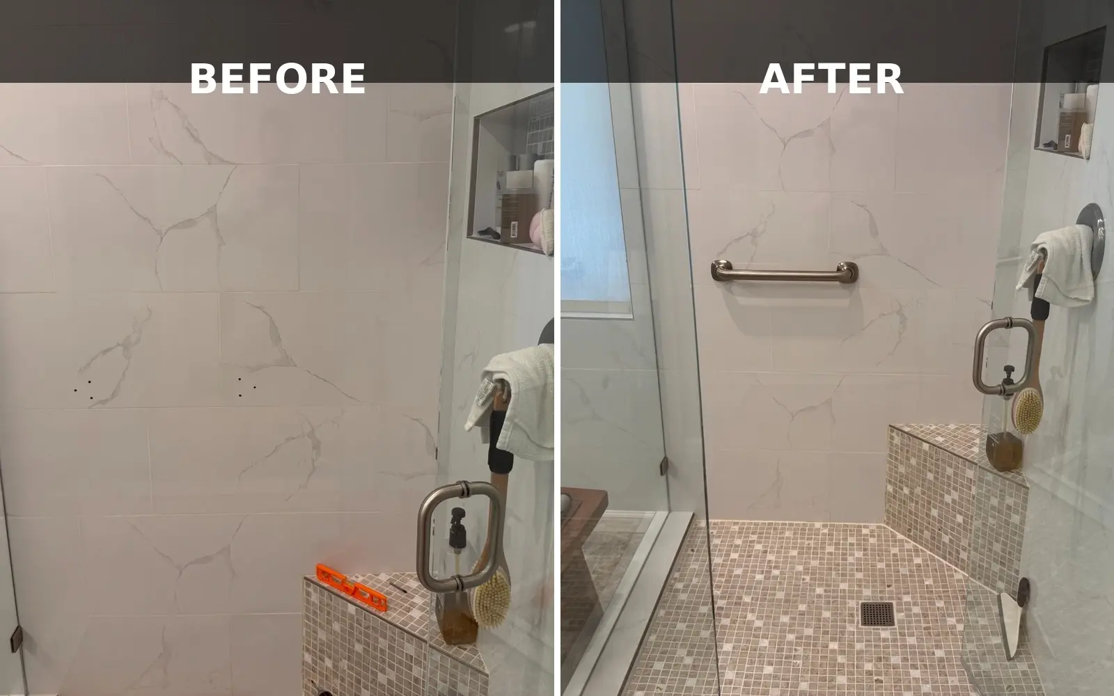 Before and after shower grab bar installation by G&P Property Solutions LLC