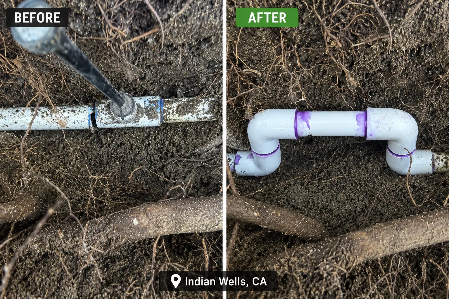 Before and after irrigation pipe repair in Indian Wells by G&P Property Solutions LLC