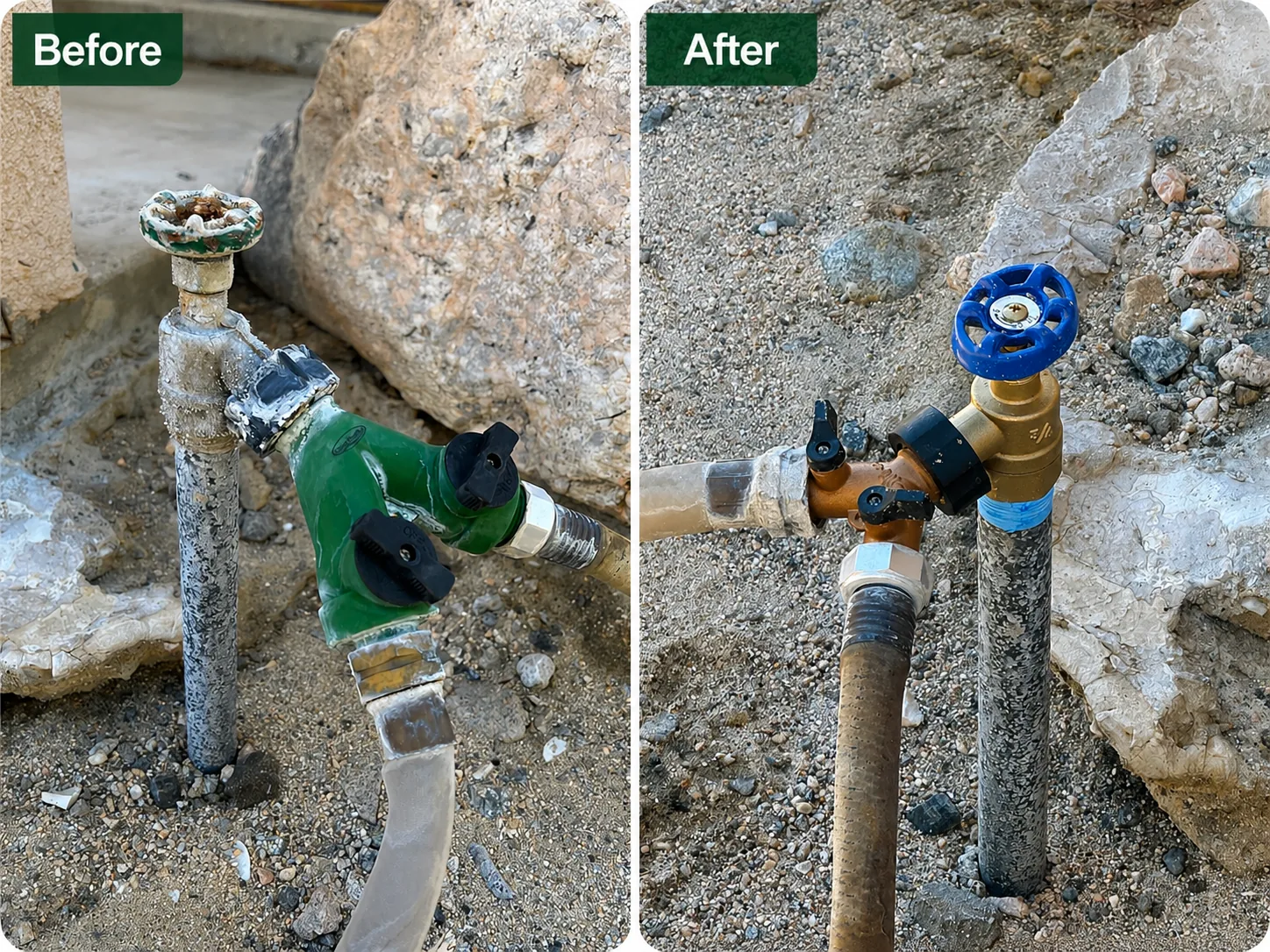 Before and after outdoor hose spigot replacement by G&P Property Solutions LLC