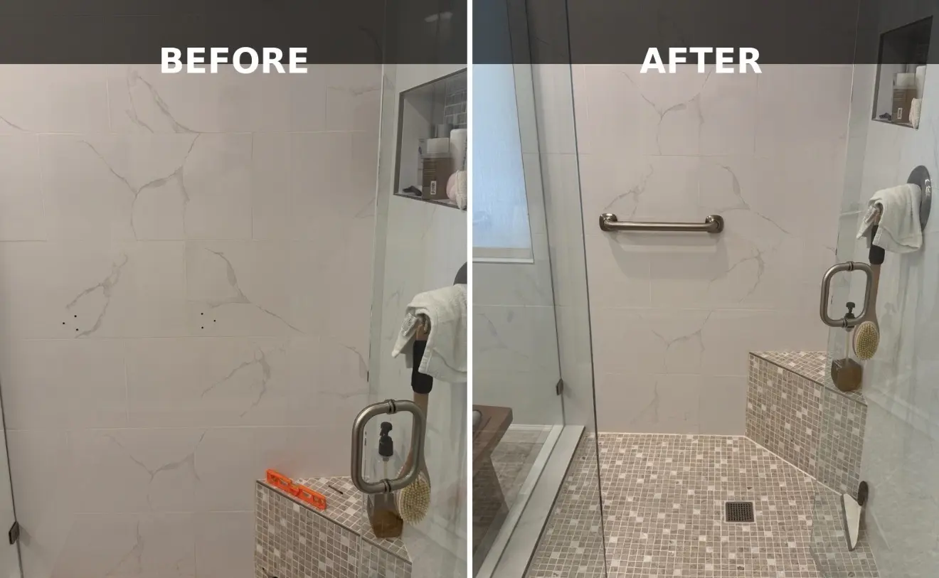 Before and after shower grab bar installation by G&P Property Solutions LLC