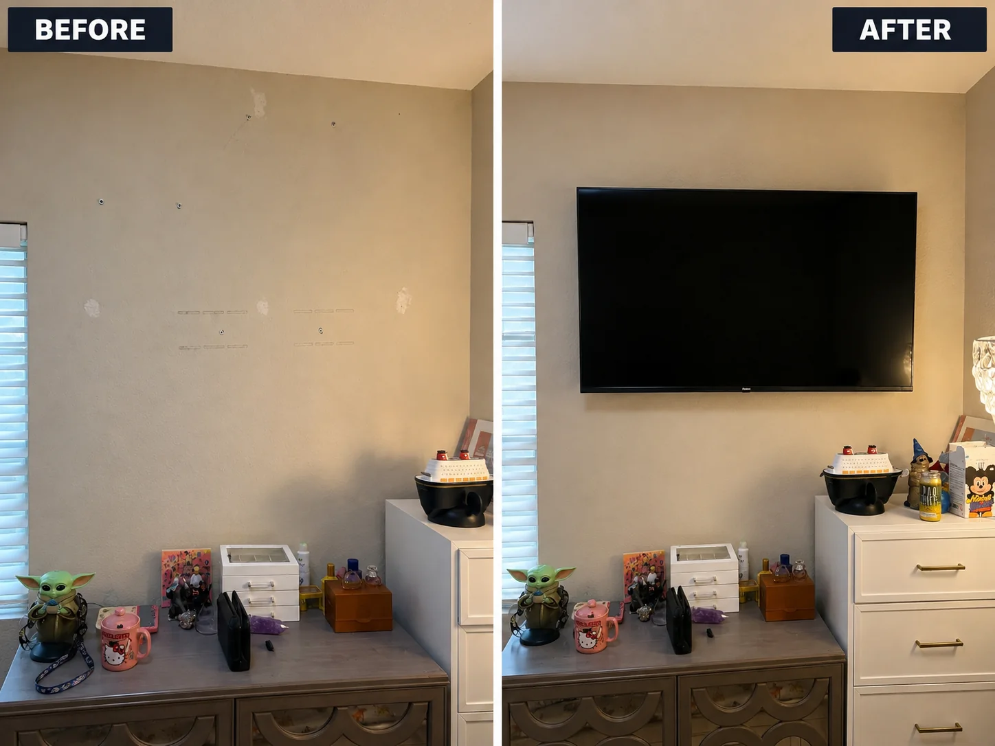 Before and after flat-screen TV wall mount installation by G&P Property Solutions LLC