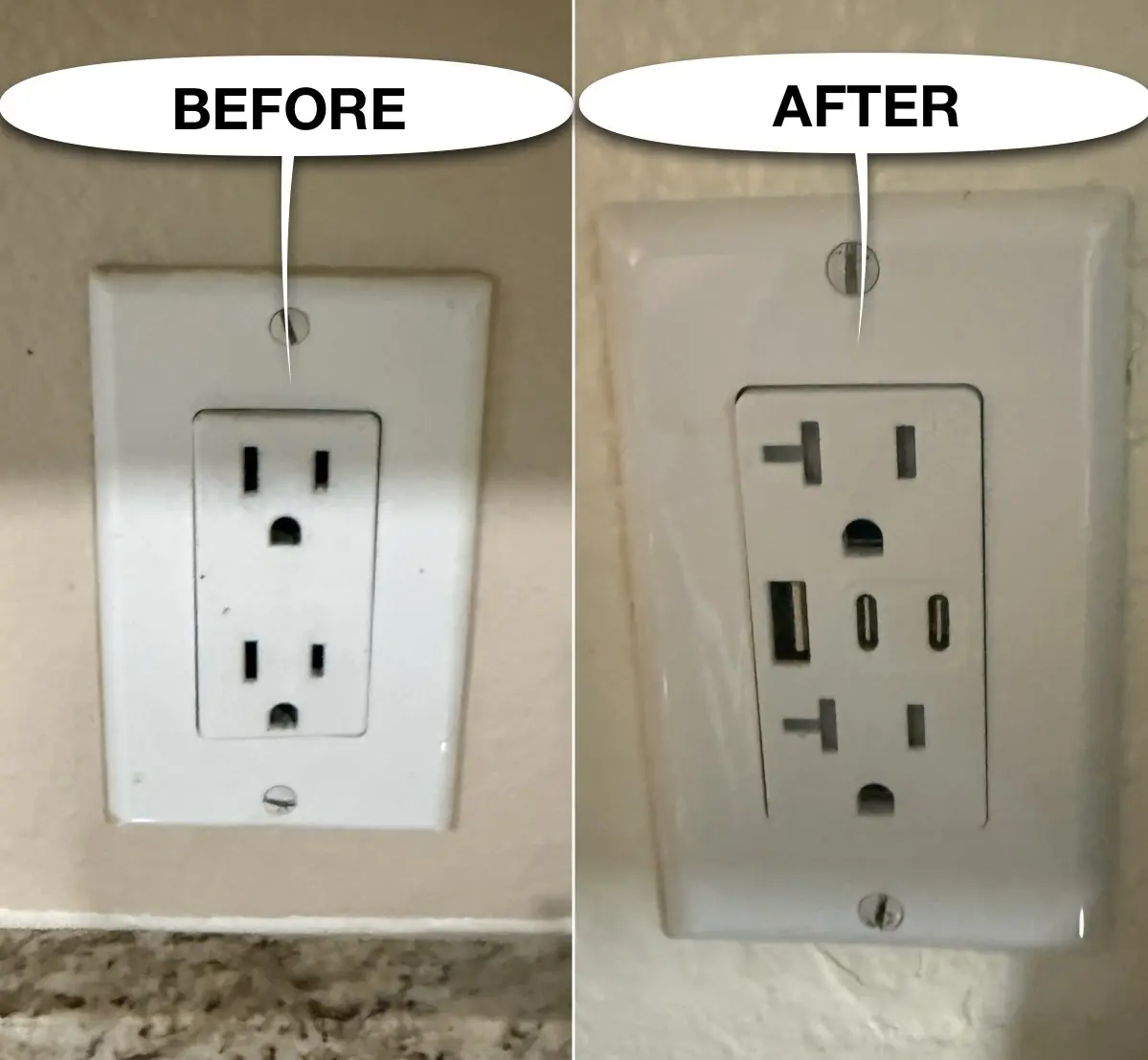 Before and after USB wall outlet upgrade by G&P Property Solutions LLC