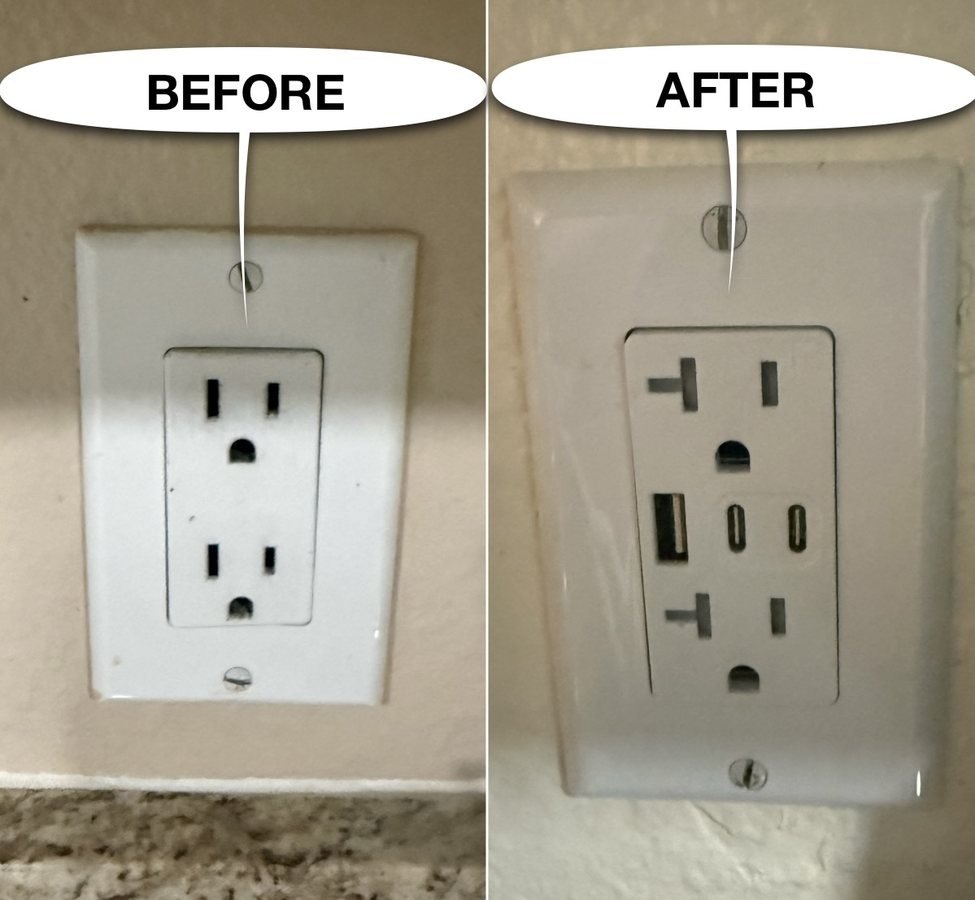 Before and after outlet replacement with USB ports